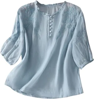 Linen Shirt Women Summer Flowy Elbow Sleeve Shirts Cute Vintage Embroidered Top Button Short Henley Tee Dressy Blouse