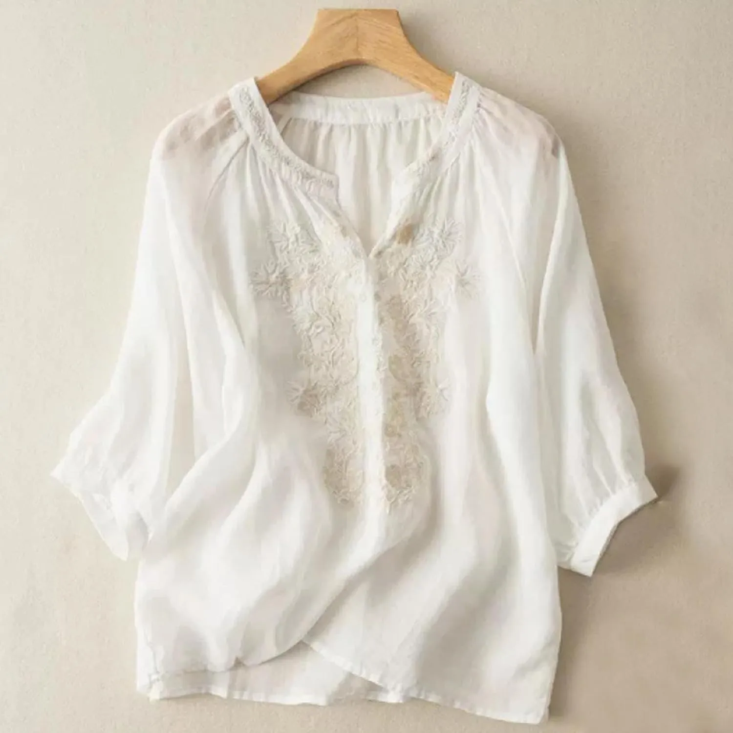 Linen Shirt Women Summer Flowy Elbow Sleeve Shirts Cute Vintage Embroidered Top Button Short Henley Tee Dressy Blouse