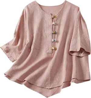 Linen Shirt Women Summer Flowy Elbow Sleeve Shirts Cute Vintage Embroidered Top Button Short Henley Tee Dressy Blouse