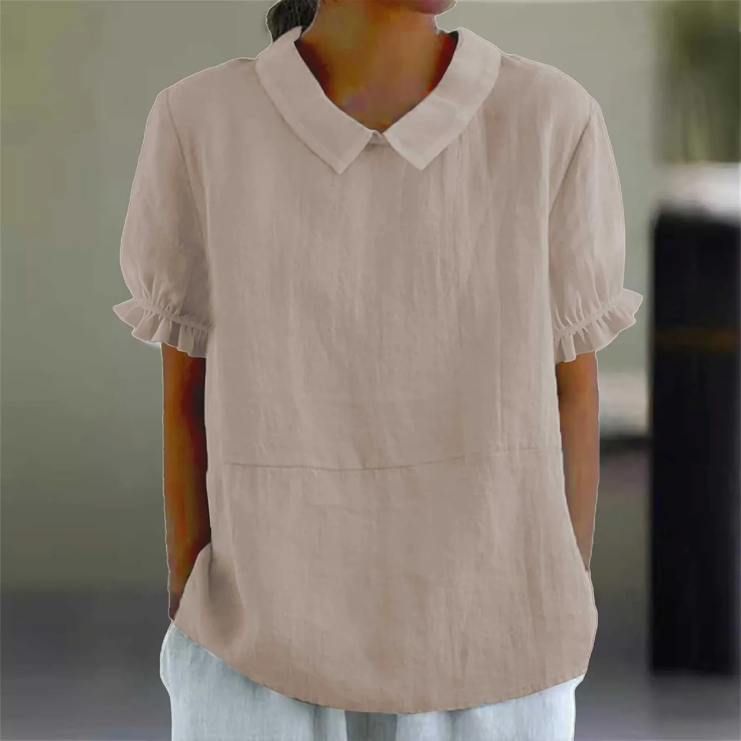 Linen Shirts for Women Short Sleeve Ruffle T Shirts Summer Cute Casual Tees Collared Shirts Neck Blouse Tunic Tops