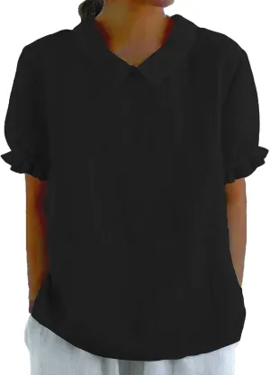 Linen Shirts for Women Short Sleeve Ruffle T Shirts Summer Cute Casual Tees Collared Shirts Neck Blouse Tunic Tops