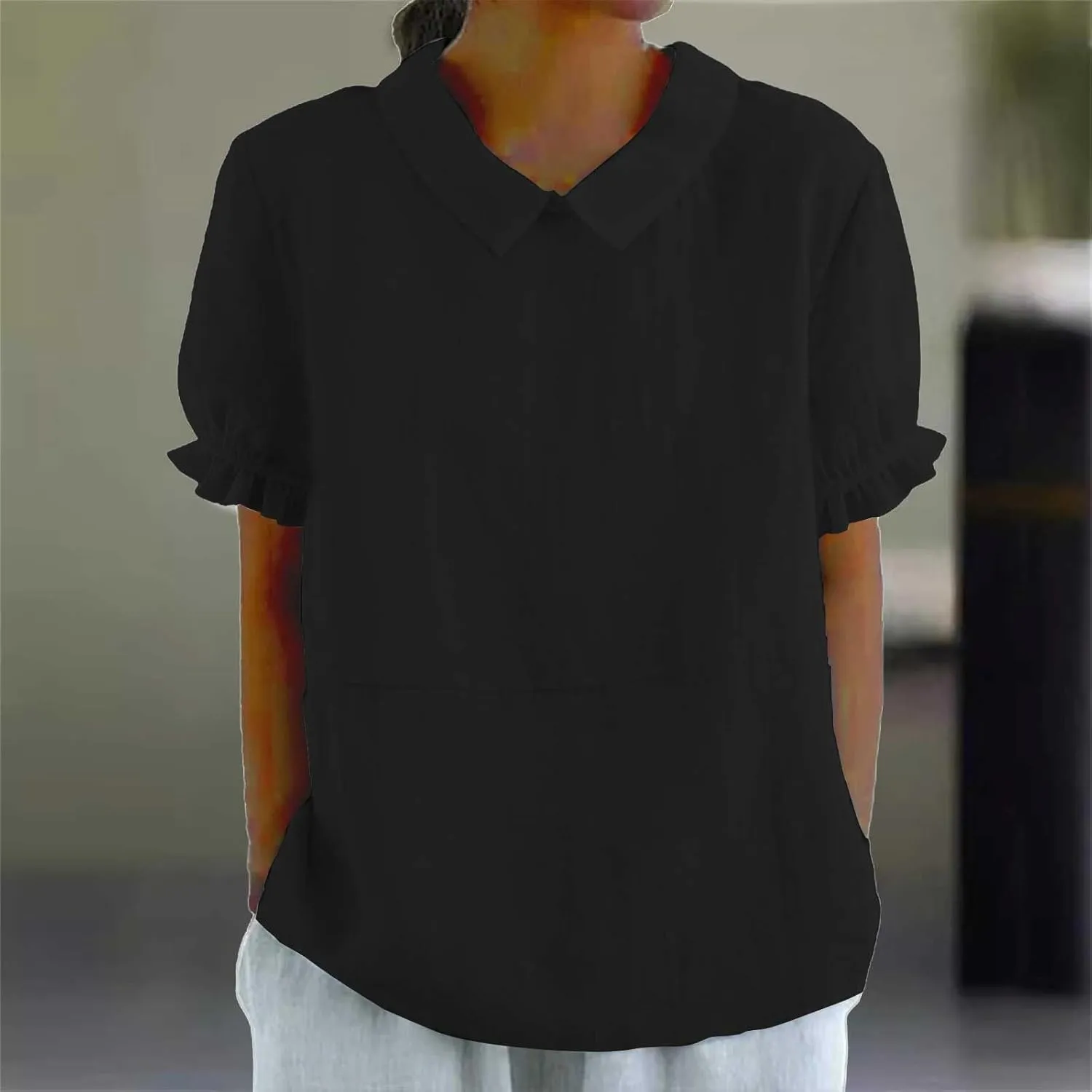 Linen Shirts for Women Short Sleeve Ruffle T Shirts Summer Cute Casual Tees Collared Shirts Neck Blouse Tunic Tops