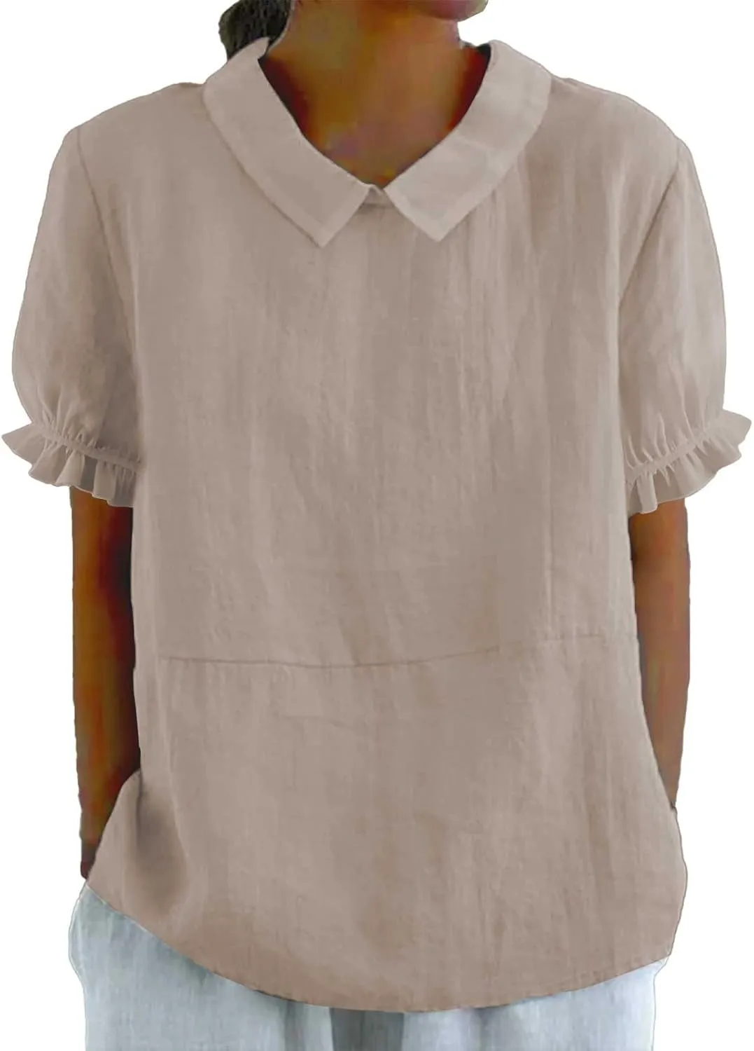 Linen Shirts for Women Short Sleeve Ruffle T Shirts Summer Cute Casual Tees Collared Shirts Neck Blouse Tunic Tops