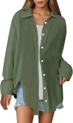Linen Shirts for Women Summer Oversized Long Sleeve Lapel Button Down Shirt Lightweight Gauze Tops Loose Casual Blouses