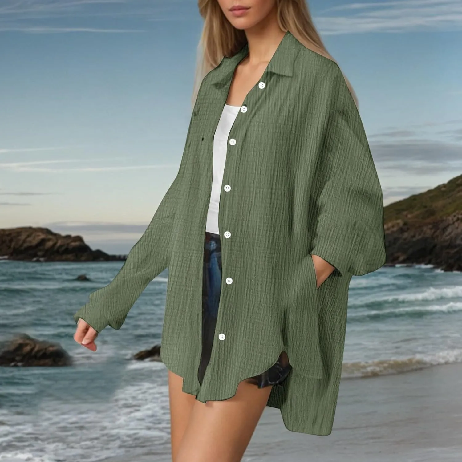 Linen Shirts for Women Summer Oversized Long Sleeve Lapel Button Down Shirt Lightweight Gauze Tops Loose Casual Blouses