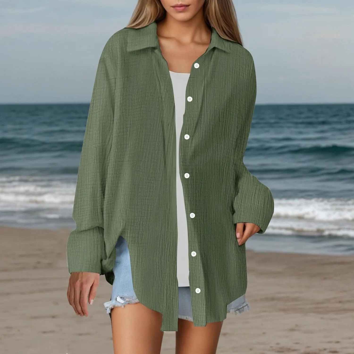 Linen Shirts for Women Summer Oversized Long Sleeve Lapel Button Down Shirt Lightweight Gauze Tops Loose Casual Blouses