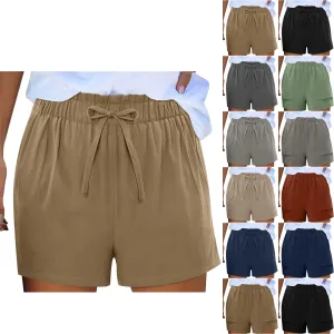 Linen Shorts for Women Summer Casual High Waisted Trousers Lightweight Drawstring Beach Loose Shorts with Pockets