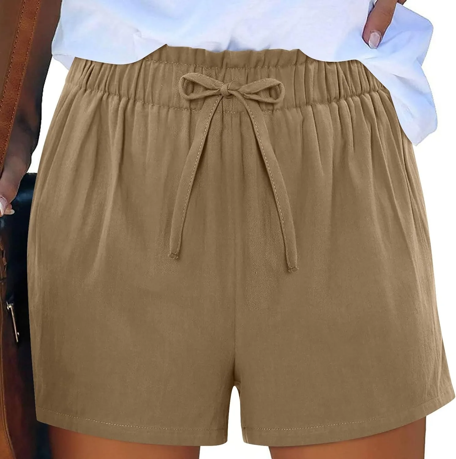 Linen Shorts for Women Summer Casual High Waisted Trousers Lightweight Drawstring Beach Loose Shorts with Pockets