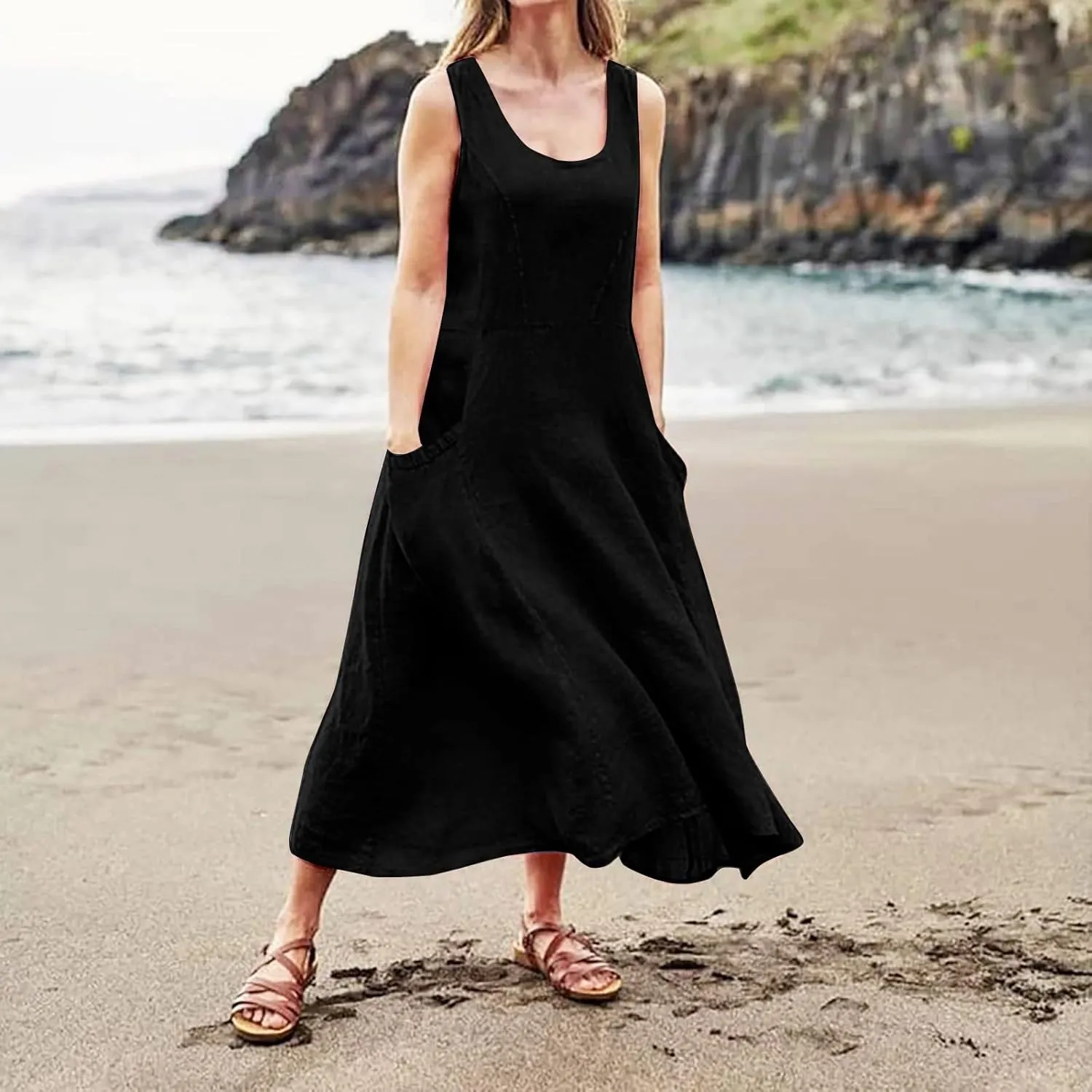 Linen Sun Dresses for Women 2025 Vacation Plus Size Flowy Maxi Dress Summer Sleeveless Beach Sundress with Pockets