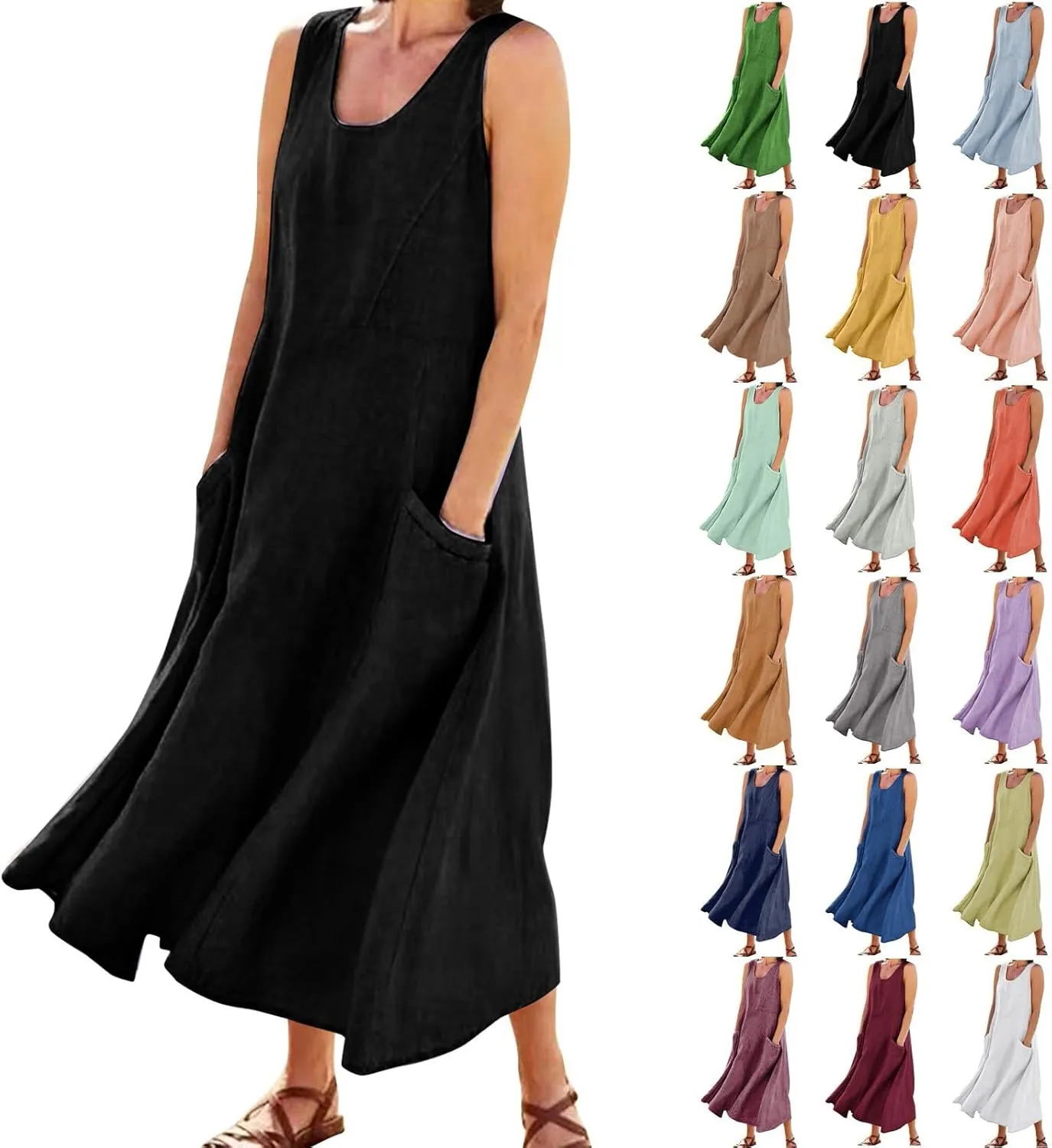 Linen Sun Dresses for Women 2025 Vacation Plus Size Flowy Maxi Dress Summer Sleeveless Beach Sundress with Pockets