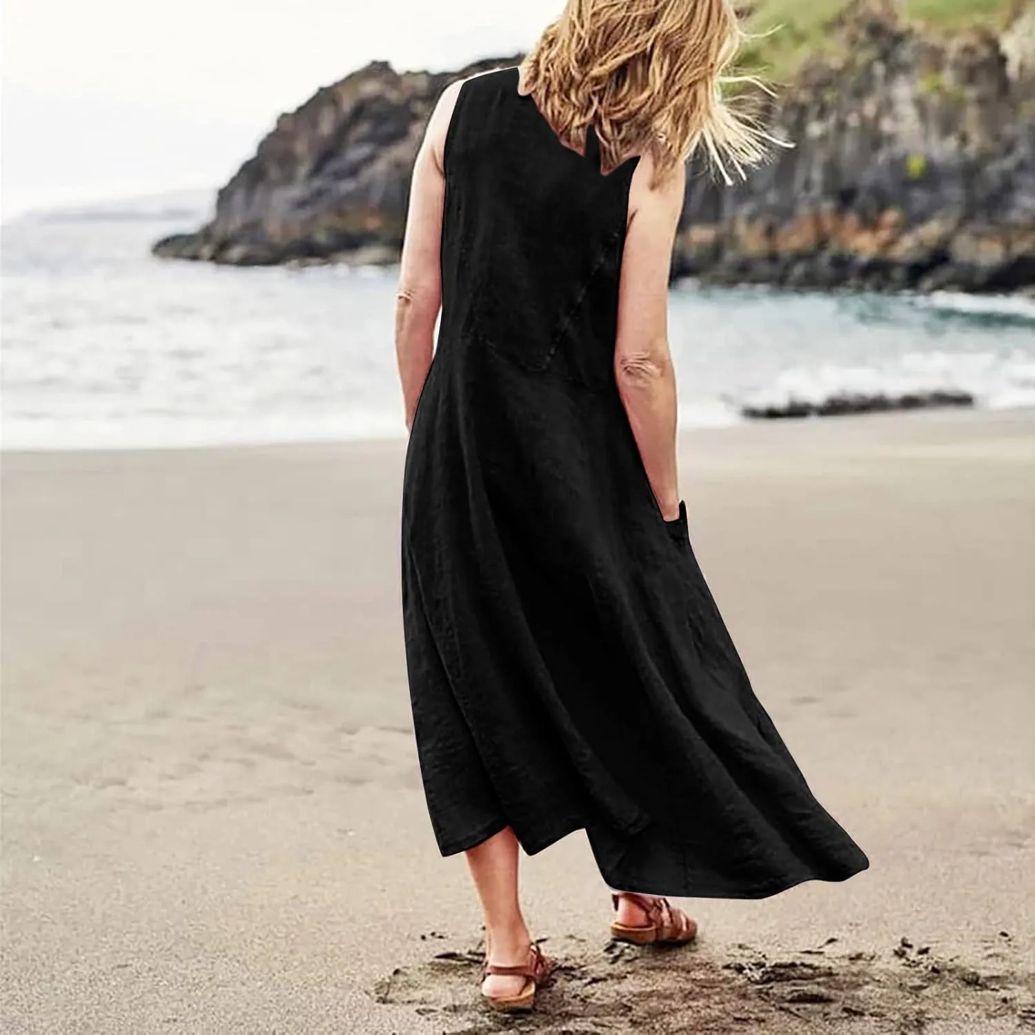 Linen Sun Dresses for Women 2025 Vacation Plus Size Flowy Maxi Dress Summer Sleeveless Beach Sundress with Pockets