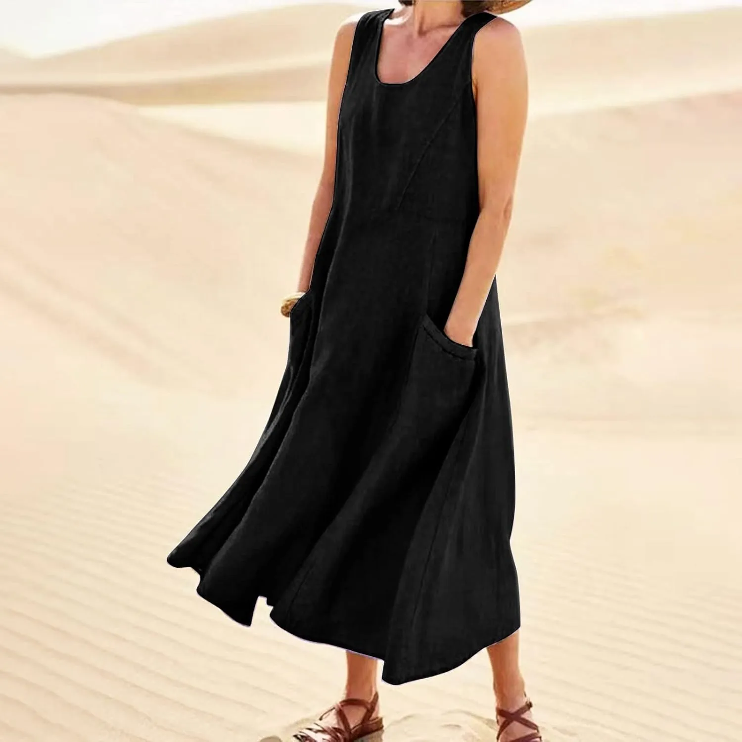 Linen Sun Dresses for Women 2025 Vacation Plus Size Flowy Maxi Dress Summer Sleeveless Beach Sundress with Pockets