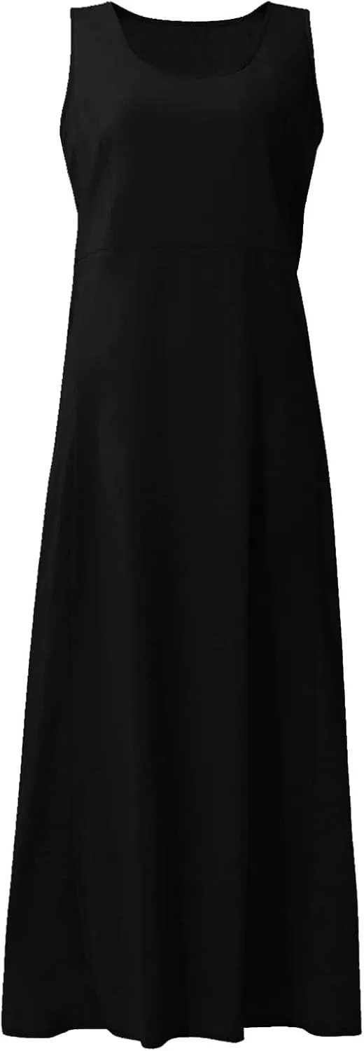 Linen Sun Dresses for Women 2025 Vacation Plus Size Flowy Maxi Dress Summer Sleeveless Beach Sundress with Pockets