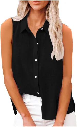 Linen Tank Tops for Women,Sleeveless Collared Button Shirts,White Linen Shirt Womens,Side Slit Casual Tees 2025 New
