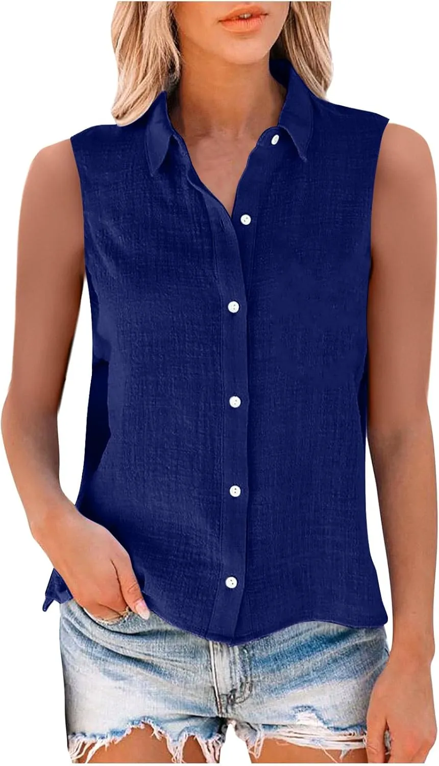 Linen Tank Tops for Women,Sleeveless Collared Button Shirts,White Linen Shirt Womens,Side Slit Casual Tees 2025 New