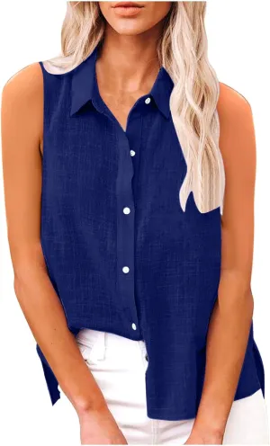 Linen Tank Tops for Women,Sleeveless Collared Button Shirts,White Linen Shirt Womens,Side Slit Casual Tees 2025 New