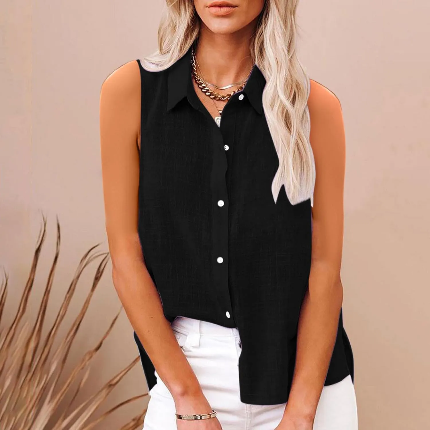 Linen Tank Tops for Women,Sleeveless Collared Button Shirts,White Linen Shirt Womens,Side Slit Casual Tees 2025 New