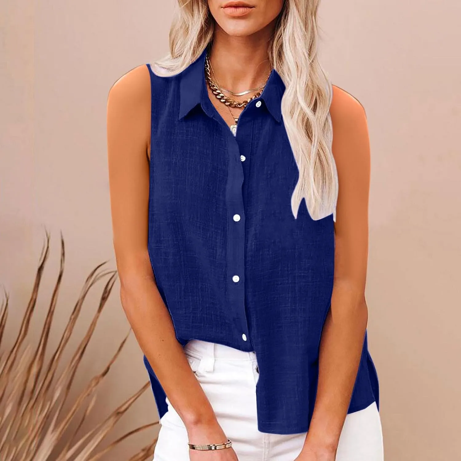 Linen Tank Tops for Women,Sleeveless Collared Button Shirts,White Linen Shirt Womens,Side Slit Casual Tees 2025 New