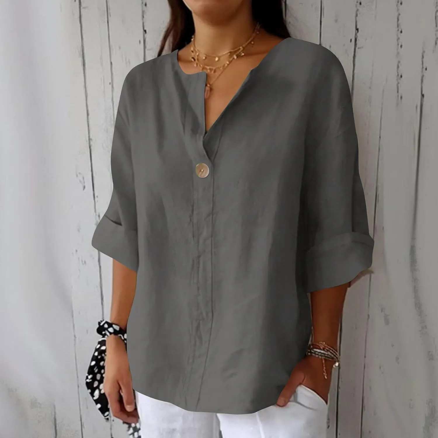 Linen Tops for Women 2025 Summer Trendy 3/4 Sleeve Cotton Linen Shirt Casual Button V Neck Tunic Blouses Plus Size