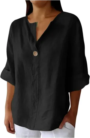Linen Tops for Women 2025 Summer Trendy 3/4 Sleeve Cotton Linen Shirt Casual Button V Neck Tunic Blouses Plus Size
