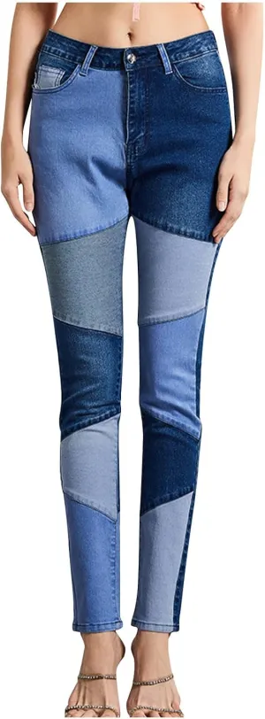 Lmdudan Denim Pants for Women High Waisted Stretch Patchwork Jeans Skinny Casual Distressed Ankle Length Patch Jeans Pant