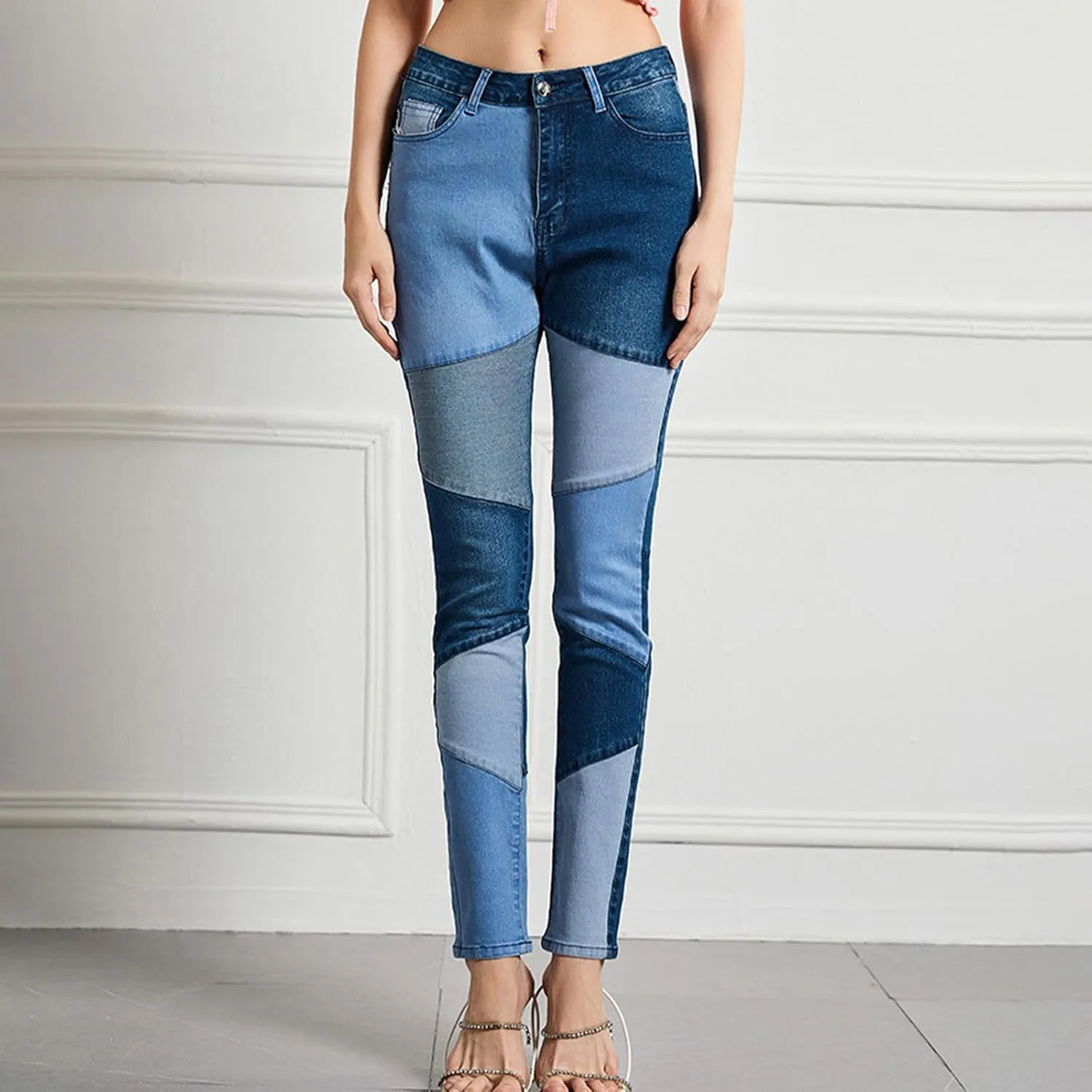 Lmdudan Denim Pants for Women High Waisted Stretch Patchwork Jeans Skinny Casual Distressed Ankle Length Patch Jeans Pant