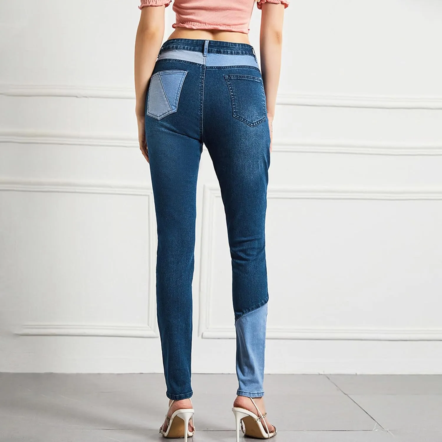 Lmdudan Denim Pants for Women High Waisted Stretch Patchwork Jeans Skinny Casual Distressed Ankle Length Patch Jeans Pant