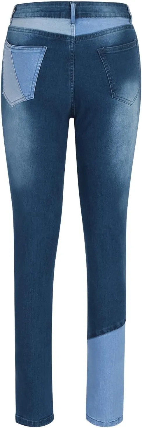 Lmdudan Denim Pants for Women High Waisted Stretch Patchwork Jeans Skinny Casual Distressed Ankle Length Patch Jeans Pant