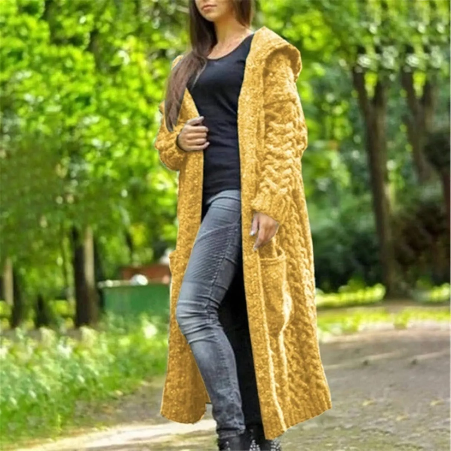 Long Chunky Cable Knit Cardigans For Women Open Front Long Hooded Sweater 2024 Winter Warm Oversized Solid Outwear