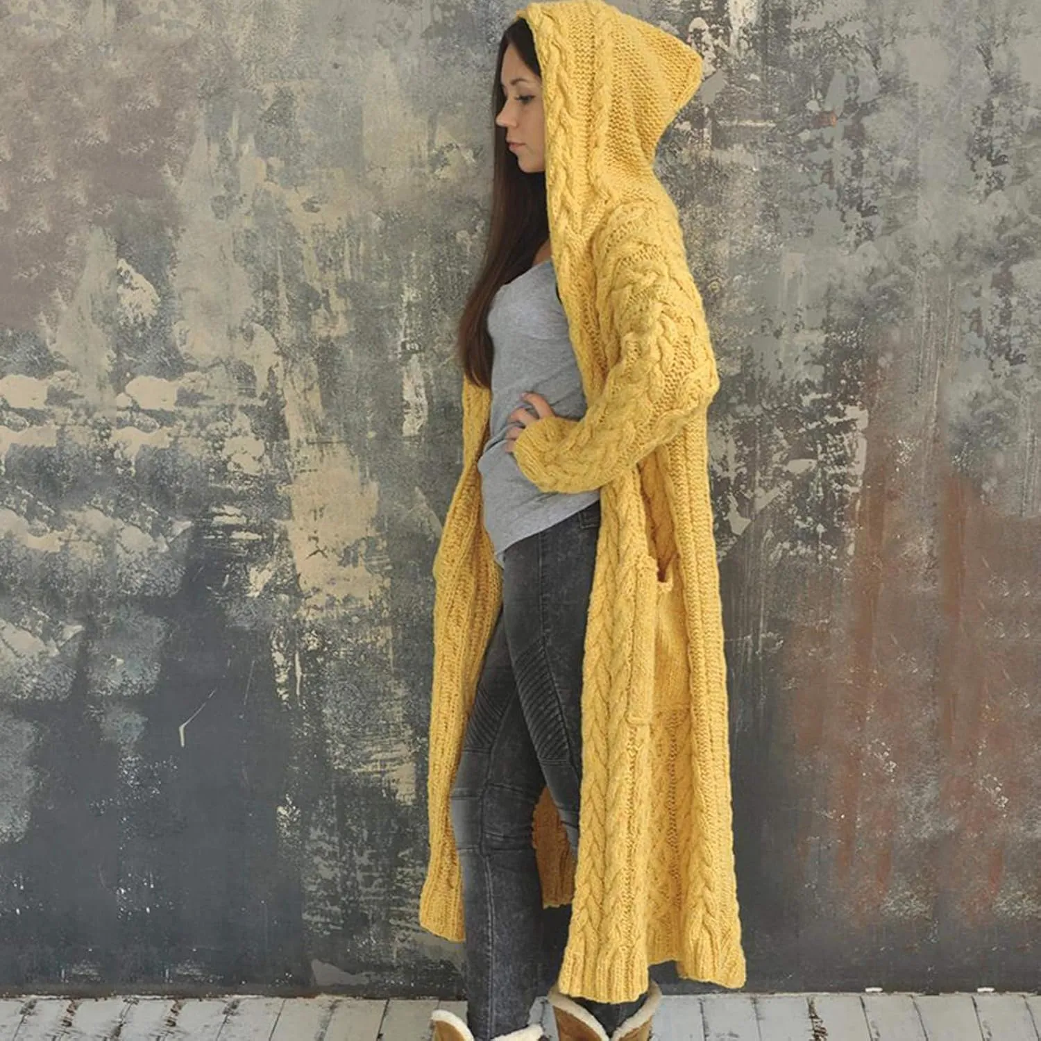 Long Chunky Cable Knit Cardigans For Women Open Front Long Hooded Sweater 2024 Winter Warm Oversized Solid Outwear