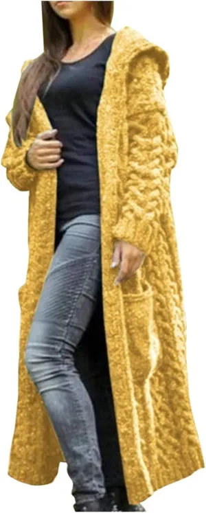 Long Chunky Cable Knit Cardigans For Women Open Front Long Hooded Sweater 2024 Winter Warm Oversized Solid Outwear