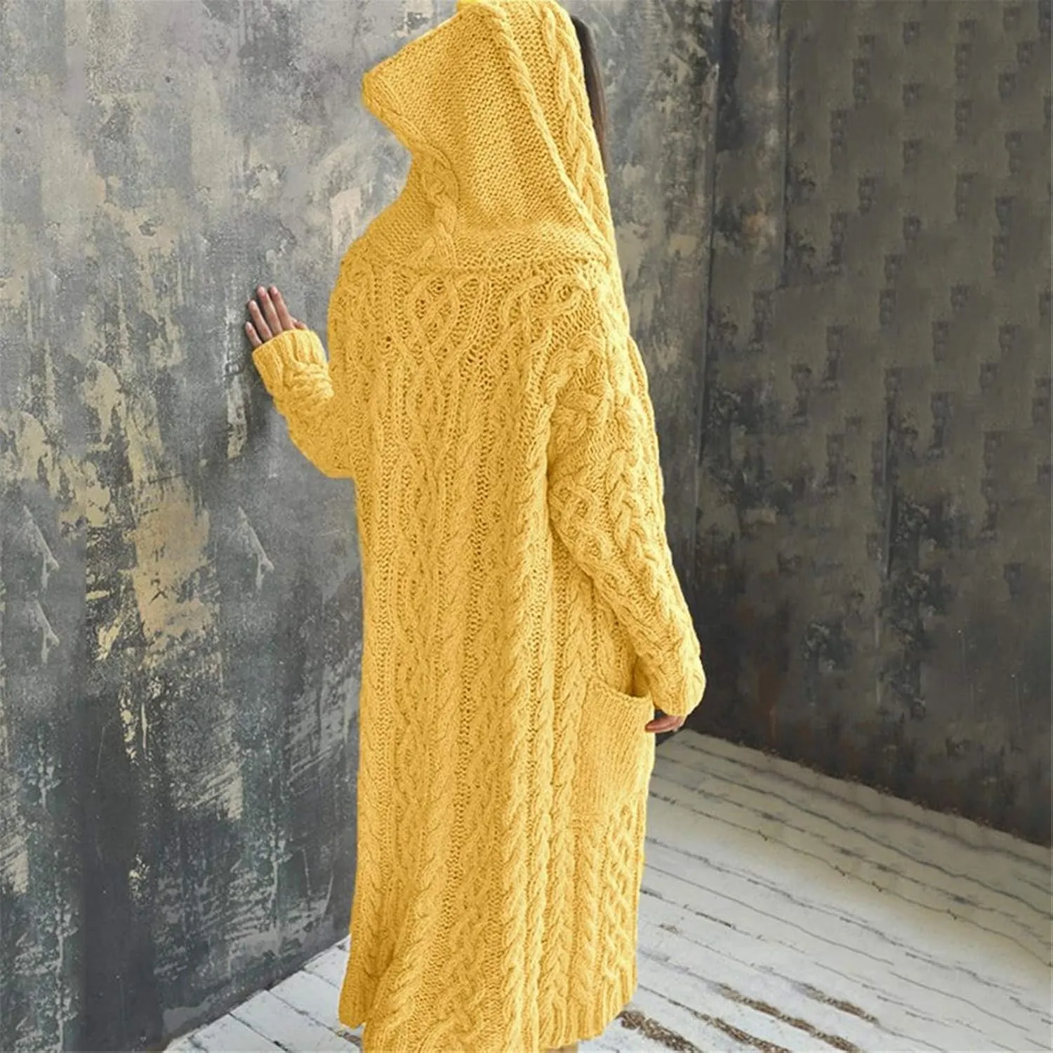Long Chunky Cable Knit Cardigans For Women Open Front Long Hooded Sweater 2024 Winter Warm Oversized Solid Outwear