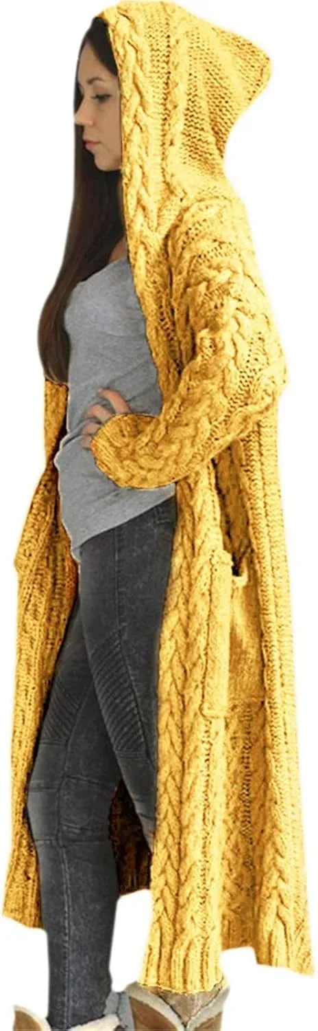 Long Chunky Cable Knit Cardigans For Women Open Front Long Hooded Sweater 2024 Winter Warm Oversized Solid Outwear