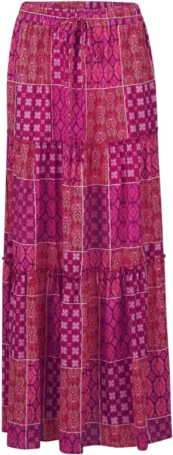Long Flowy Skirts for Women Smocked High Waisted Maxi Skirt with Pockets Boho Ruffle Tiered Beach A Line Skirt