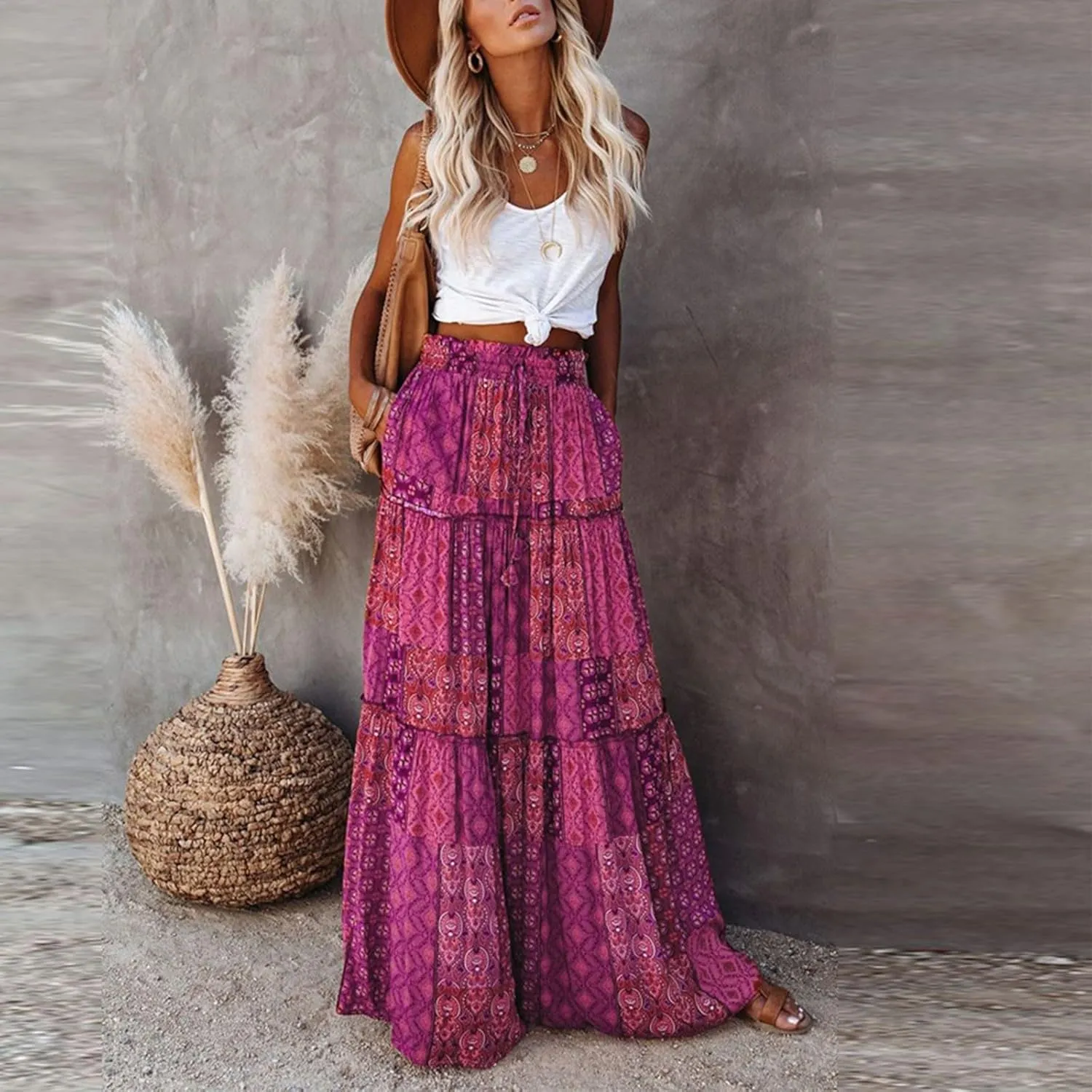 Long Flowy Skirts for Women Smocked High Waisted Maxi Skirt with Pockets Boho Ruffle Tiered Beach A Line Skirt