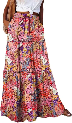 Long Flowy Skirts for Women Smocked High Waisted Maxi Skirt with Pockets Boho Ruffle Tiered Beach A Line Skirt