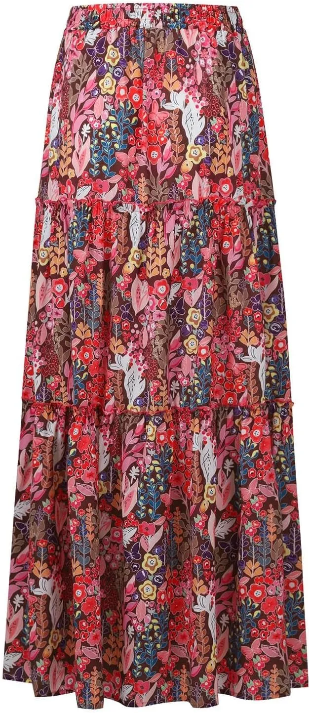 Long Flowy Skirts for Women Smocked High Waisted Maxi Skirt with Pockets Boho Ruffle Tiered Beach A Line Skirt