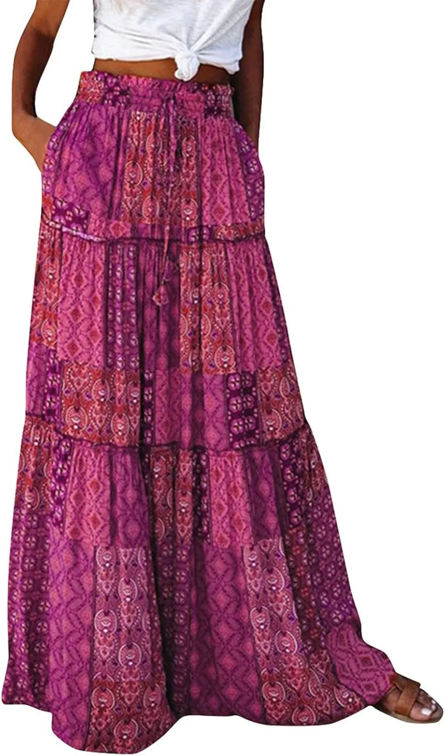 Long Flowy Skirts for Women Smocked High Waisted Maxi Skirt with Pockets Boho Ruffle Tiered Beach A Line Skirt