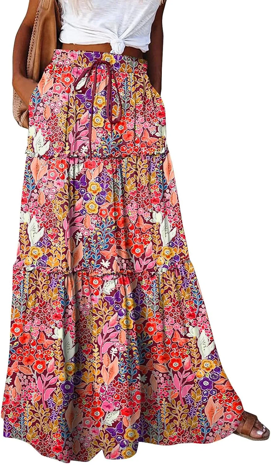 Long Flowy Skirts for Women Smocked High Waisted Maxi Skirt with Pockets Boho Ruffle Tiered Beach A Line Skirt