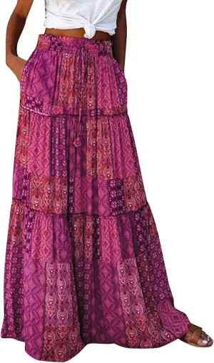 Long Flowy Skirts for Women Smocked High Waisted Maxi Skirt with Pockets Boho Ruffle Tiered Beach A Line Skirt