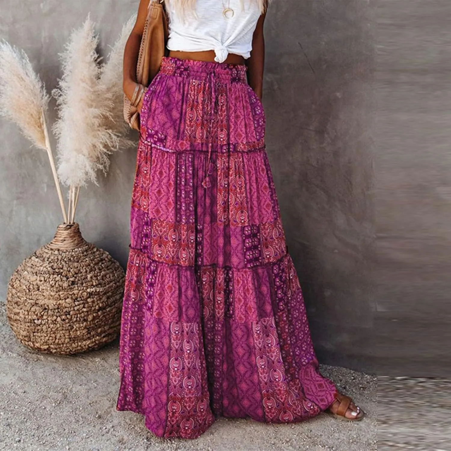 Long Flowy Skirts for Women Smocked High Waisted Maxi Skirt with Pockets Boho Ruffle Tiered Beach A Line Skirt