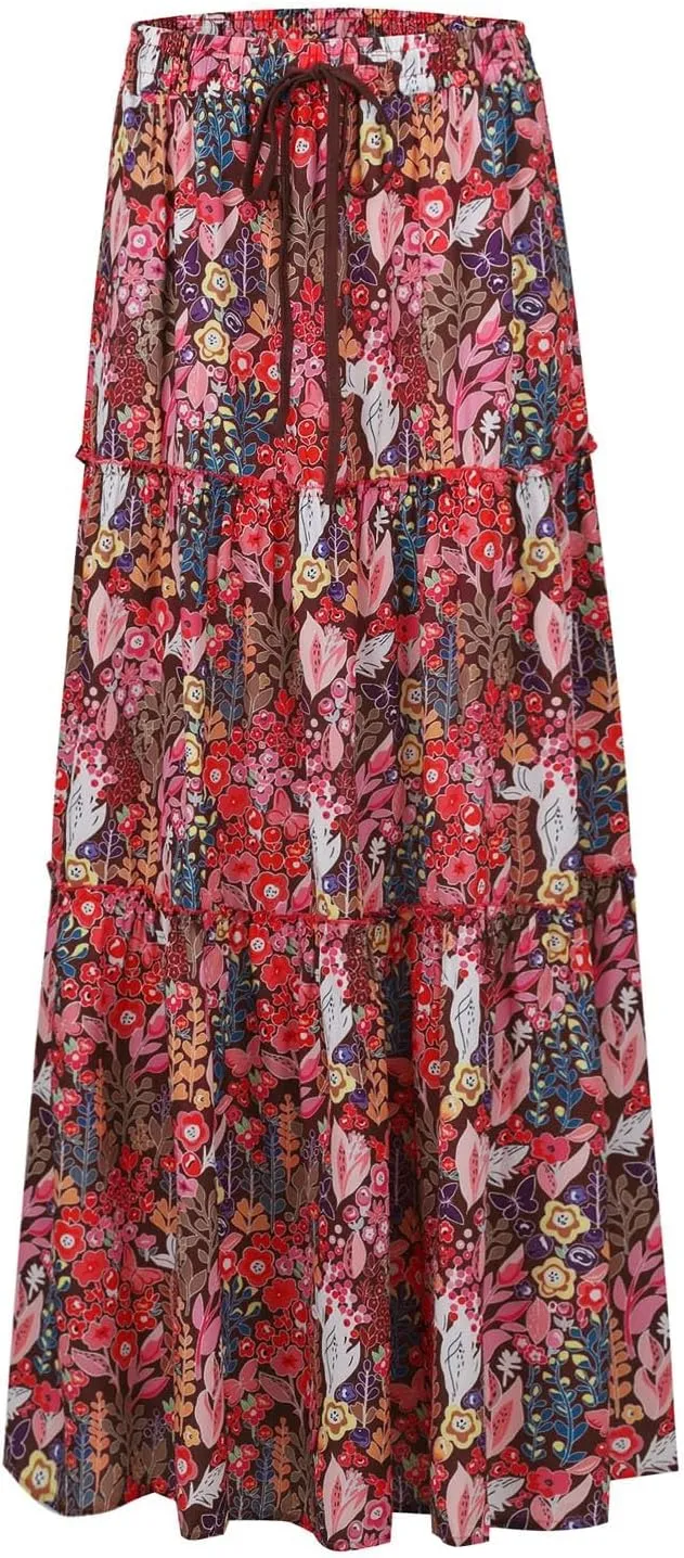 Long Flowy Skirts for Women Smocked High Waisted Maxi Skirt with Pockets Boho Ruffle Tiered Beach A Line Skirt