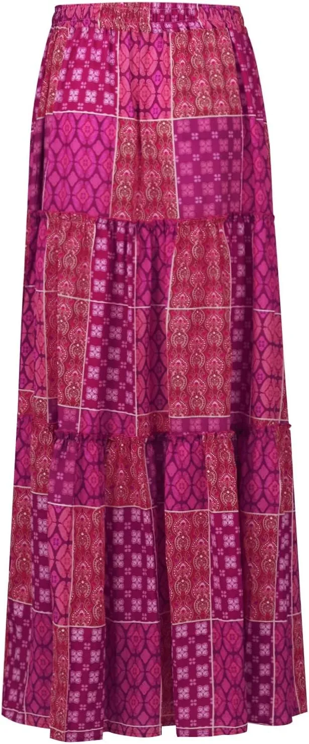 Long Flowy Skirts for Women Smocked High Waisted Maxi Skirt with Pockets Boho Ruffle Tiered Beach A Line Skirt