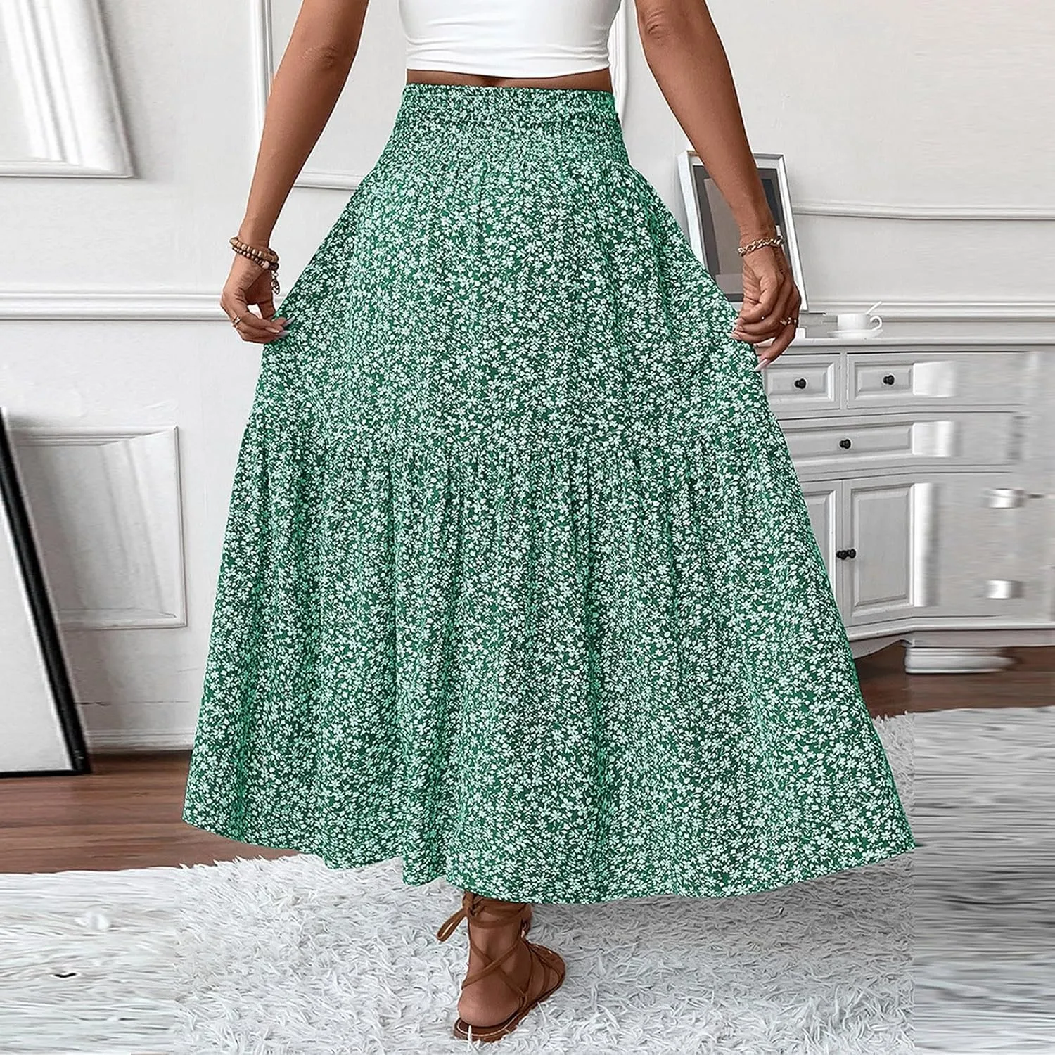 Long Skirts for Women High Waisted Floral Stretchy Dressy Boho Flowy Skirt with Pocket, S-XL
