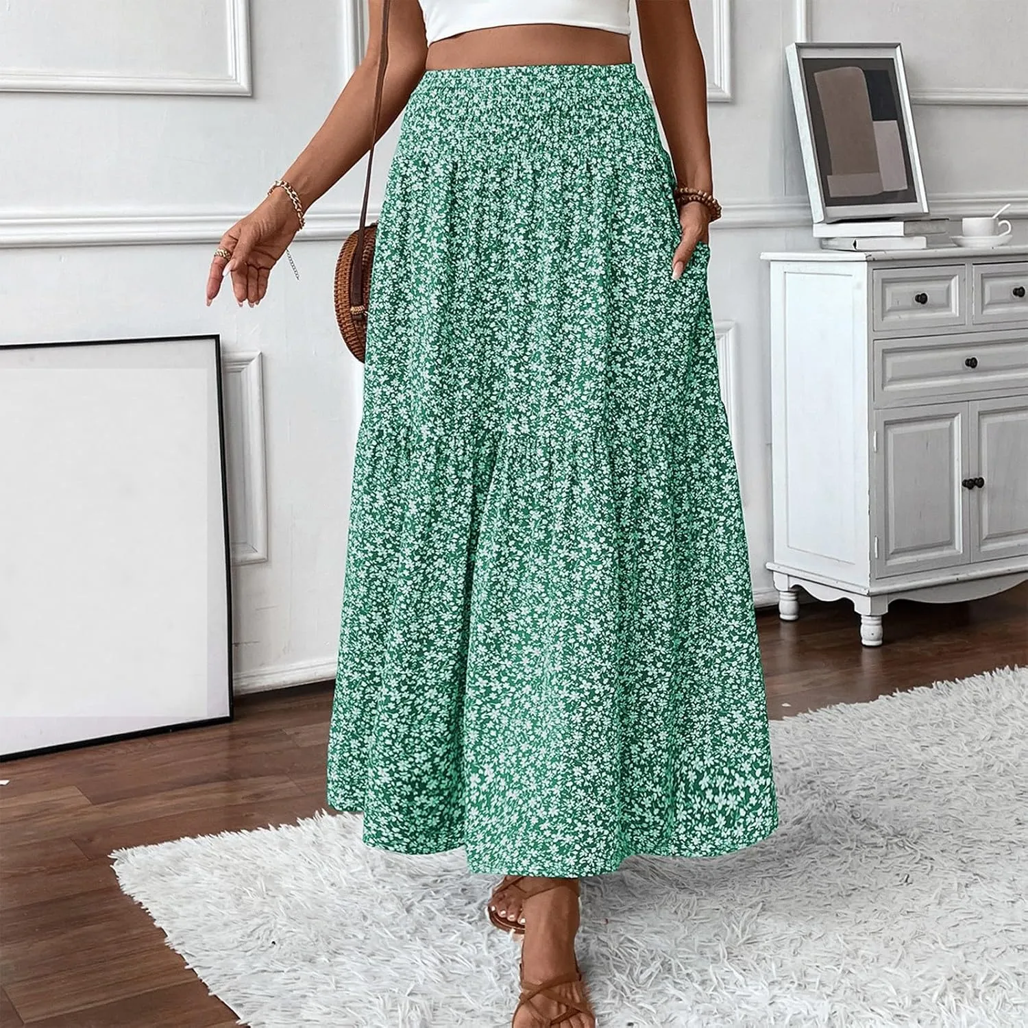 Long Skirts for Women High Waisted Floral Stretchy Dressy Boho Flowy Skirt with Pocket, S-XL