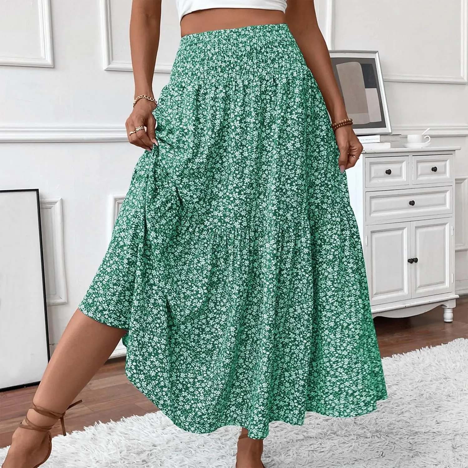 Long Skirts for Women High Waisted Floral Stretchy Dressy Boho Flowy Skirt with Pocket, S-XL