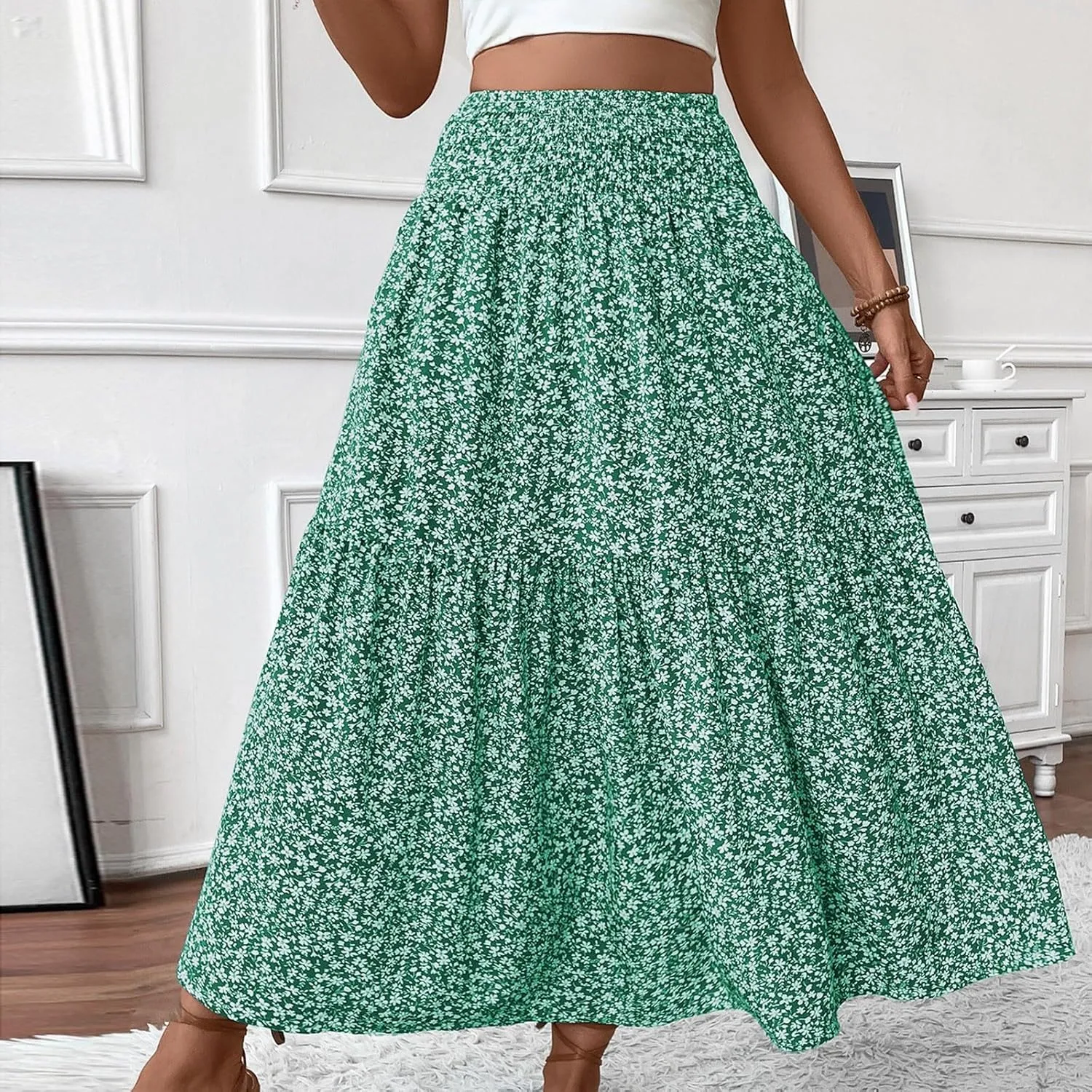 Long Skirts for Women High Waisted Floral Stretchy Dressy Boho Flowy Skirt with Pocket, S-XL