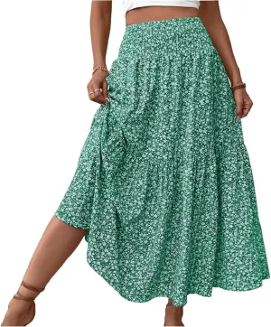 Long Skirts for Women High Waisted Floral Stretchy Dressy Boho Flowy Skirt with Pocket, S-XL