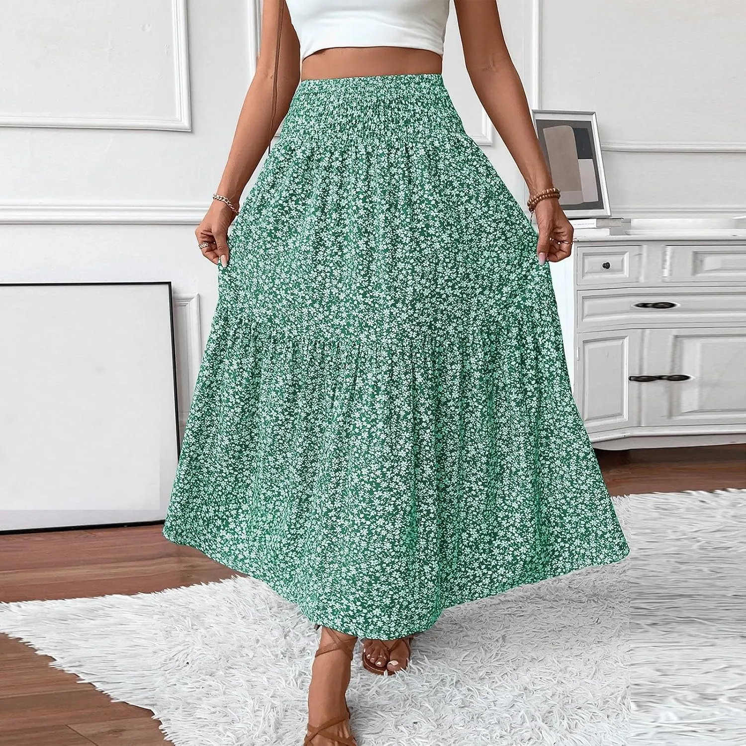 Long Skirts for Women High Waisted Floral Stretchy Dressy Boho Flowy Skirt with Pocket, S-XL