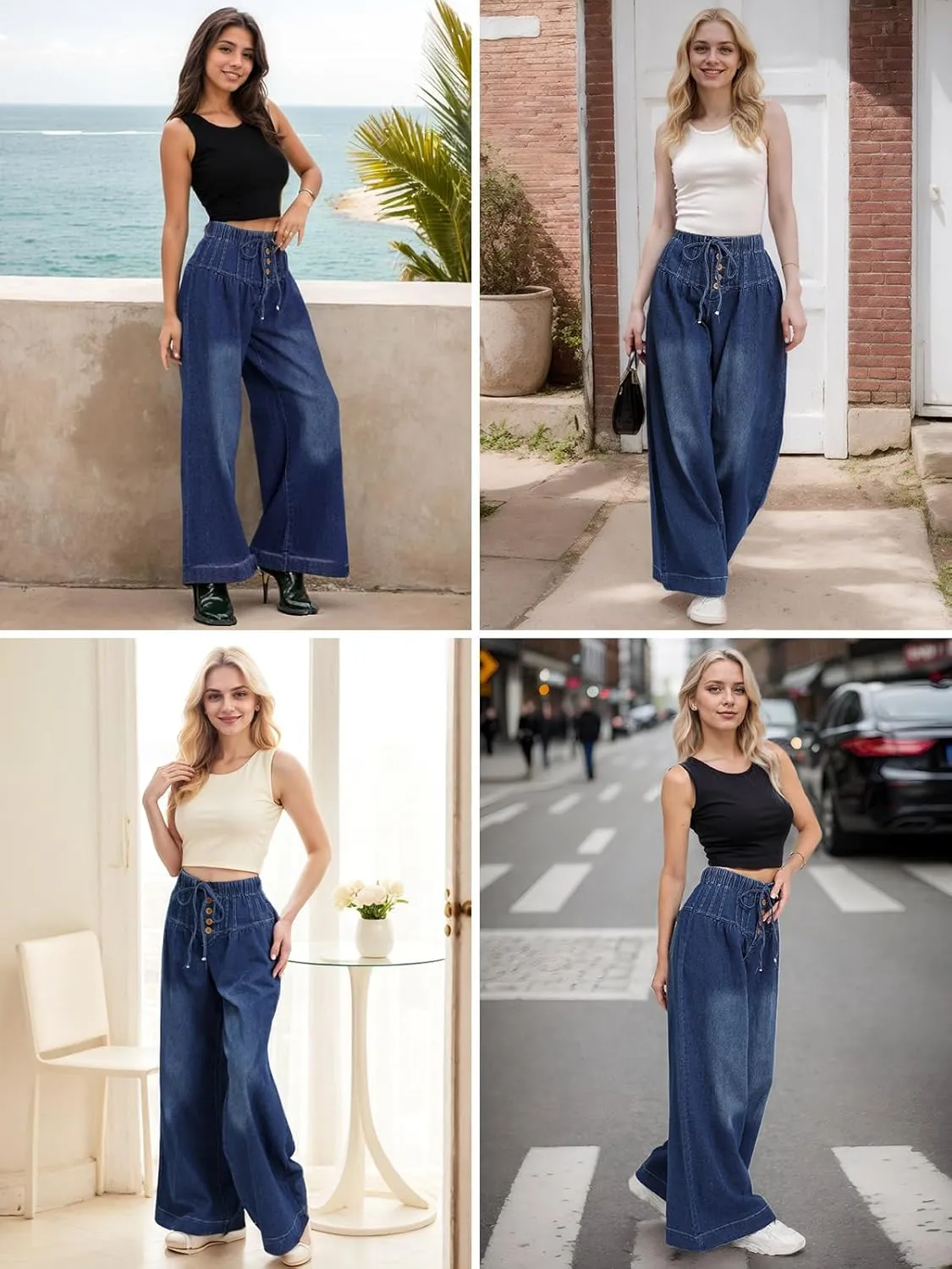 LONGBIDA Wide Leg Jeans Women Stretch High Waisted Drawstring Elastic Waist Flare Denim Pants